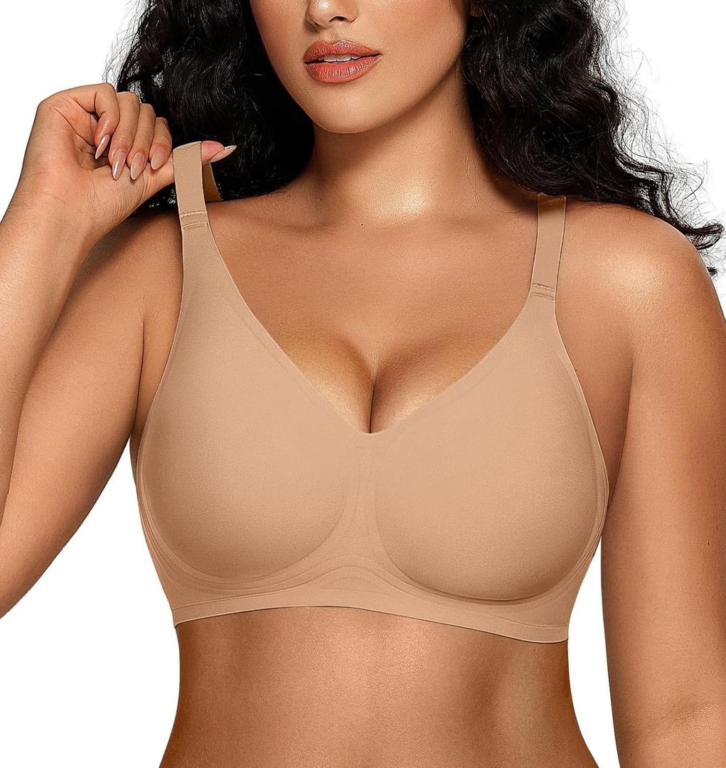OEAK Women Comfortable Jelly Bras No Underwire Seamless Full Coverage Bralette Buttery Soft Convertible Everyday Tshirt Bra (Medium, Praline)
