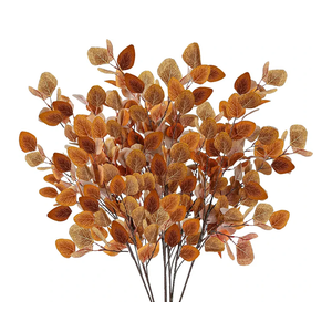 Sggvecsy 6 Pcs Fall Eucalyptus Leaves Artificial Eucalyptus Stems Long Silver Dollar Leaves Autumn Leaf Branches Fake Silk Eucalyptus for Indoor Home Autumn Thanksgiving Decor (Mixed Fall Color)