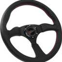 Universal 14 Inch Black Sports Racing Car 6 Bolts Genuine Leather Steering Wheel, Aluminum 3-spoke Steering Wheel with Horn Button