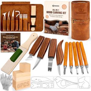 Wood Carving Kit, 24Pcs Wood Carving Tools with Storage Bag, Wood Whittling Knife Kit with 4pcs Templates & 6pcs Basswood Blocks for DIY Beginners