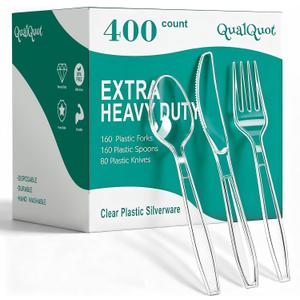 400 Count Clear Plastic Silverware, Extra Heavy Duty Plastic Utensils Set Includes 160 Forks, 160 Spoons and 80 Knives, BPA-Free and Heat Resistant Disposable Cutlery for Party and Daily Use