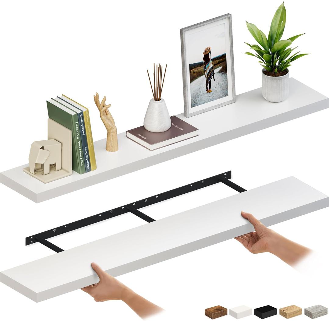 Ballucci Floating Shelves for Wall, 60" Wood Wall Shelf Set of 2, with Invisible Brackets for Bathroom, Living Room, Bedroom, Kitchen, Nursery, 8" Deep, White