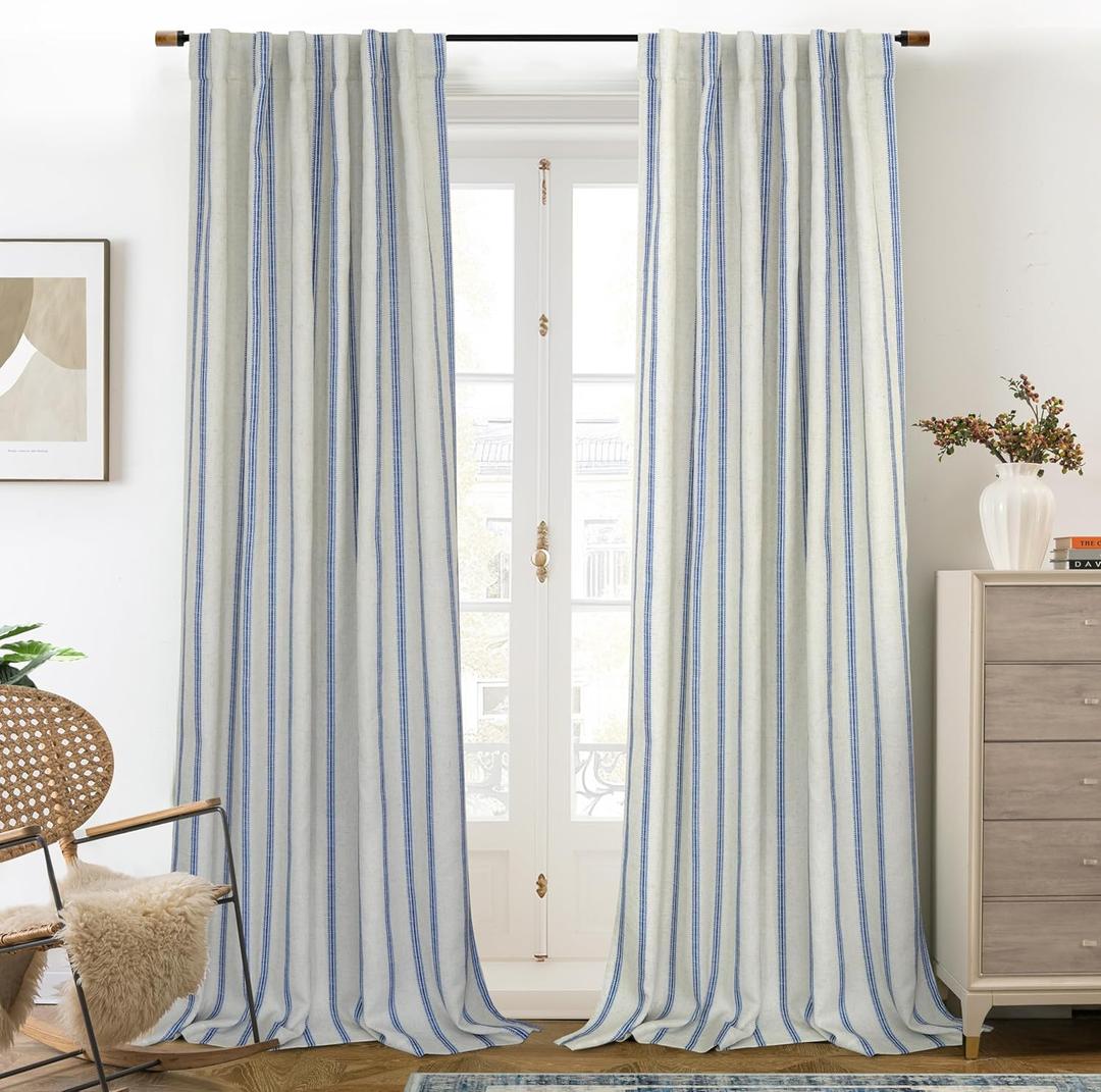 DriftAway Farmhouse Linen Blackout Curtains 96 Inches Long for Bedroom Striped Double Layer Thermal Insulated Sound Reducing Lined Back Tab Rustic Drapes for Living Room 2 Panels W52 x L96 Navy