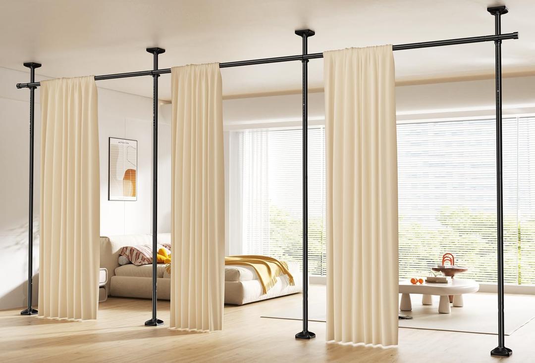 Room Divider Curtain Rod, No Drilling Wall Divider for Room Separation, 4-10ft(H) 28-171inch(W) Adjustable Heavy Duty Partition Space Separator Freestanding Tension Curtain Stand, Black
