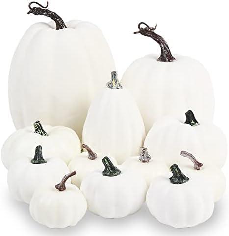 LOMIMOS 12pcs Halloween White Decorative Pumpkins,Assorted Size Artificial Pumpkins for DIY Fall Harvest Thanksgiving Home Decorating Embellishing and Displaying