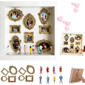 DIY Mini Museum Silhouette Box, Shadow Box Frame Kit with Gold Mini Frames and Figurines, Upgrade Shadow Box Frame Kit, DIY Photo Family Memory Display Case Frame for Anniversary, Wedding, Birthday, 1"L x 1"W x 3"H