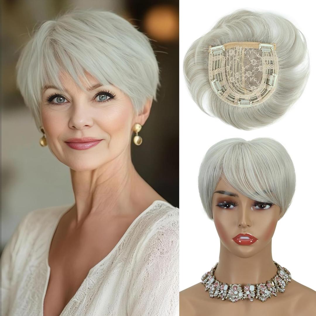 PHOCAS Short Hair Topper Wiglets Hairpieces for Thinning Hair Toppers With Bangs, Heat Resistance Synthetic Platinum Blonde Magic Pixie Topper for Women All-Day Wear