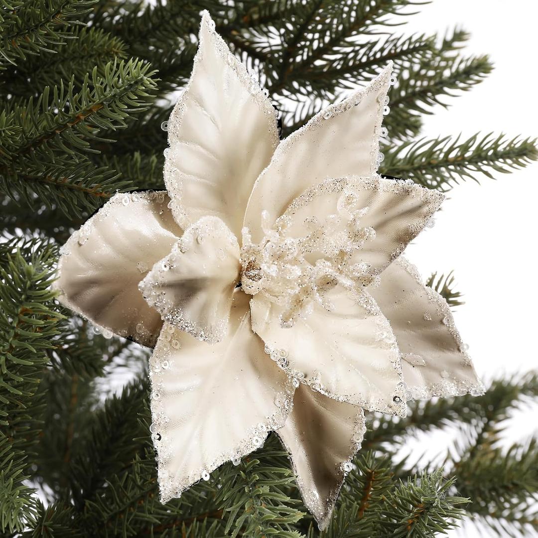 Bucherry 12 Pcs Pearl White Poinsettia Flowers for Christmas Tree Decoration, 6" Plastic Glitter Artificial White Christmas Ornaments with Clips for Holiday Party Xmas Tree Wreath Garland Home Decor