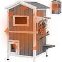 PetsCosset Insulated Cat House Outdoor Weatherproof All-Round Insulation Two Story Outside Wooden Feral Cat Shelter for Winter with 2 Escape Doors, Pull Out Floor and Openable Roof for Cats, Grey