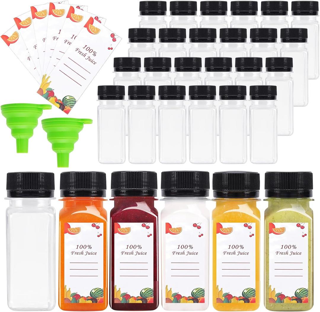 OBKJJ 80pcs 2oz Pcs Juice Bottles, Juice Bottle with Caps Reusable Empty Clear Bottles with Label, Funnel, Brush Bulk Beverage Containers for Juicing, Drinking, Smoothie and Other Beverages (2oz)