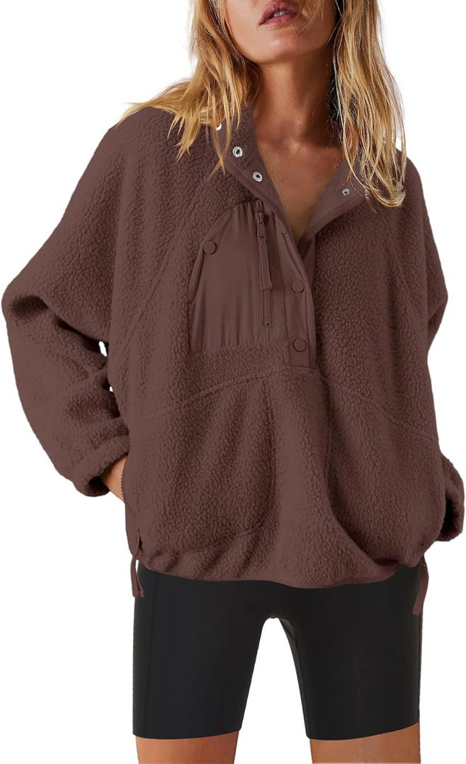 Nirovien Womens Fleece Pullover Long Sleeve Sherpa Jacket Button Down Fuzzy Sweatshirt Warm Outwear with Pockets (Large)