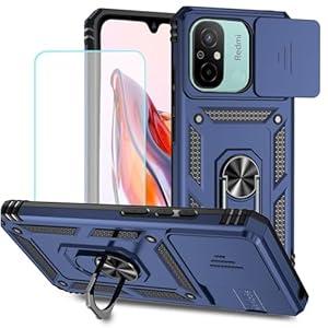 Case for Redmi 12C Case, Poco C55 22120RN86G Case with Tempered Glass Screen Protector and Slide Camera Cover, 360 Rotate Ring Stand Magnetic Cover for Xiaomi Poco C55 Blue