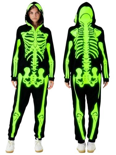 Wish Care Adult Women Glow in the Dark Skeleton Costume, Zip Up Hooded Mens Skeleton Onesie Jumpsuit for Halloween Costume,  Size L