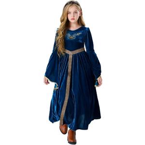Renaissance Faire Dress Girls Medieval Victorian Princess Queen Fancy Costume Outfit Robe Dress Up Kids (Small, Blue)