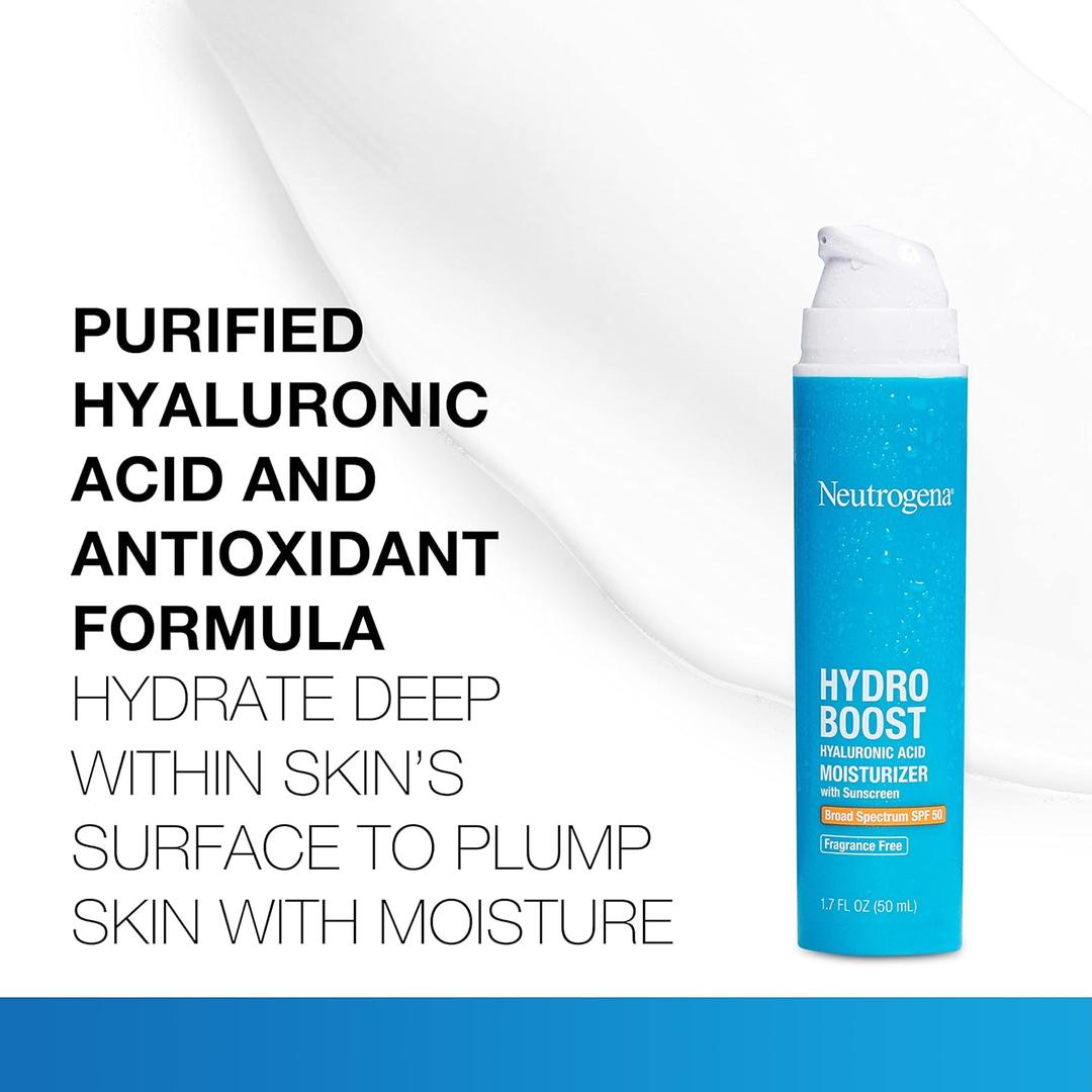 Neutrogena Hydro Boost Hyaluronic Acid Hydrating Face Moisturizer With SPF 50, Fragrance Free Facial Moisturizer, 1.7 fl. oz, & Trial Size Hydro Boost Facial Cleanser, 0.5 fl. oz EXP. 02/2027