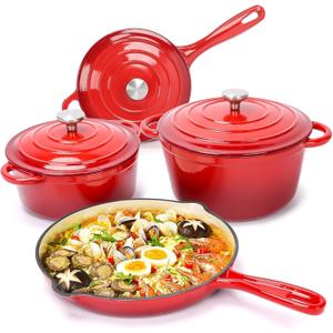 Hisencn Enameled Cast Iron Cookware Set - 7 Piece Dutch Ovens Set, Sauce Pan, Skillet, 3 Lids, Pots and Pans Set, Ceramic Coated Cast Iron, Heavy Duty, Gas/Induction Compatible, PFA Free, Rouge Red