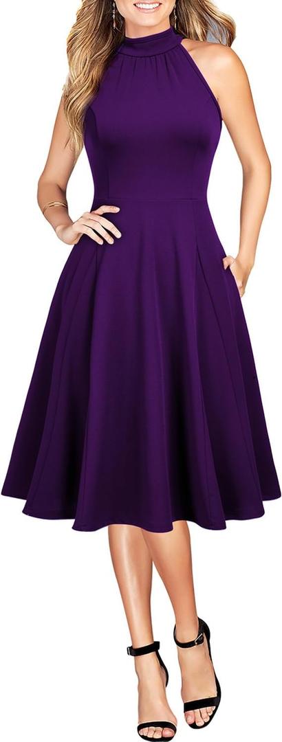 WOOSEA Womens Sleeveless Halter Neck Bodycon A-Line Cocktail Party Pockets Swing Dresses (Purple)