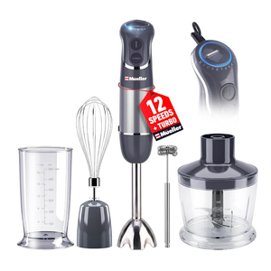 Mueller Multistick 5-in-1 Immersion Blender Handheld,12 Speed Hand Mixer-Turbo Boost,Heaviest Duty Copper Motor,Titanium reinforced Blades Hand Blender,Milk Frother Wand,Whisk,Beaker,Chopper,Grey