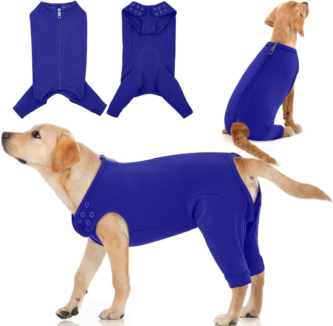 IDOMIK Dog Recovery Suit,Dog Leg Sleeve to Stop Licking Rear Legs,Thigh Wound Protective Sleeve,Male Female Pet Surgical Clothes,Doggy Surgical Suit with Pants Cover,Cone Collar Alternative,Blue,XL (XL(Chest Girth:27.56"))