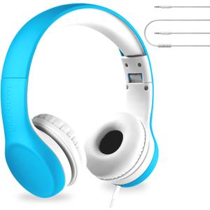LilGadgets Connect+ Foldable Headphones, Adjustable Fit Soft Touch Padding for Kids with Mic, Volume-Limited & Noise Reduction On-Ear Wired Headset for School with SharePort - Blue, Ages 3-14
