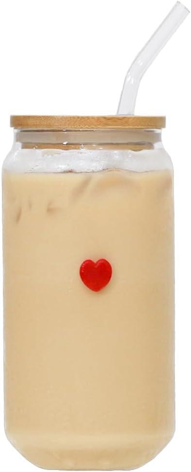 2 x Coquette Aesthetic Glass Can Cup with Bamboo Lid and Straw, 16oz Cute Red Heart Travel Tumbler, Iced Coffee Matcha Smoothie Cup, Trendy Stuff Gifts for Women, Girl Gifts