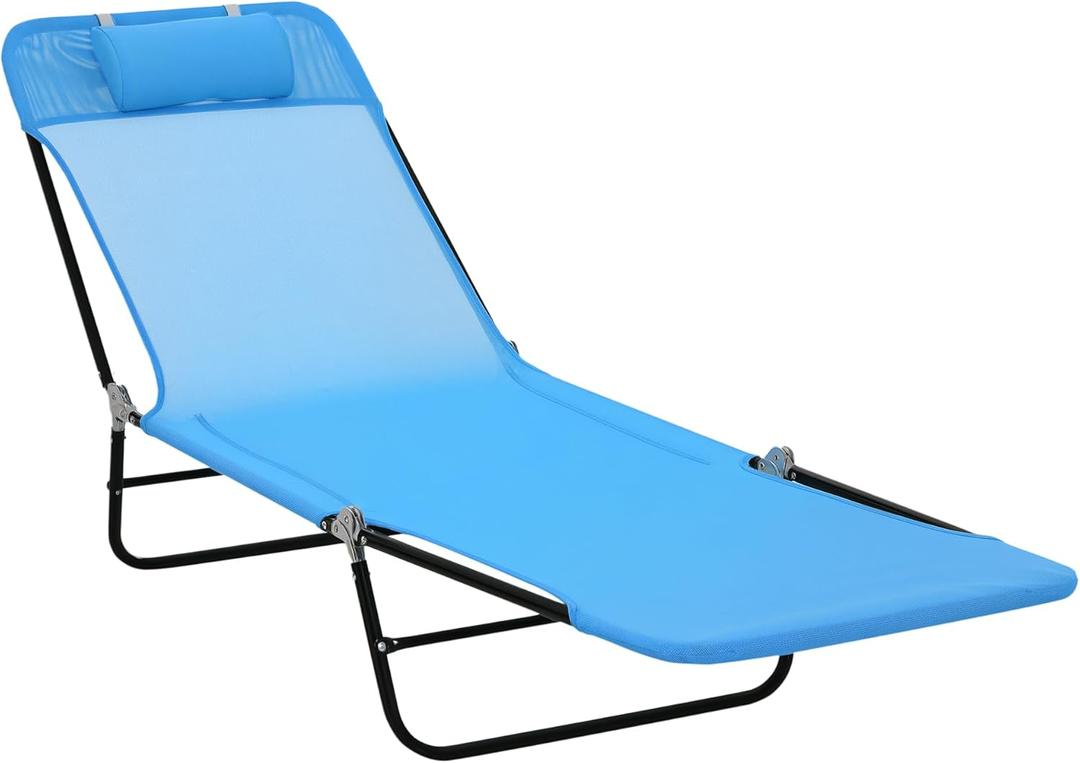 Outsunny Folding Chaise Lounge Chair, Pool Sun Tanning Chair, Outdoor Lounge Chair with Reclining Back, Breathable Mesh Seat, Headrest for Beach, Yard, Patio, Blue (1 Pack)