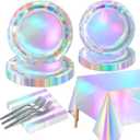 Iridescent Party Supplies for 20 Guests, Disposable Iridescent Tableware Set Includes Holographic Paper Plates, Napkins, Forks, Tablecloth for Birthday Mermaid Themed Party Decorations Wedding