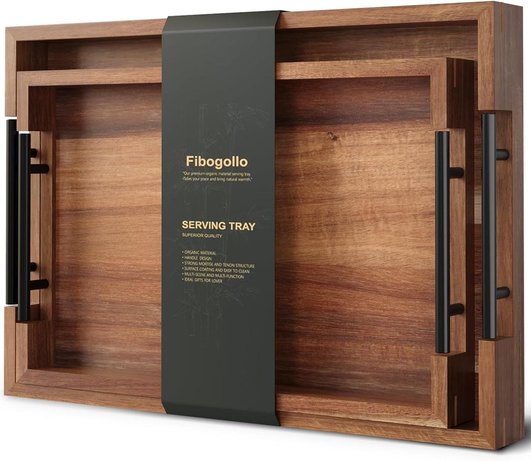 Fibogollo Acacia Wood Set of 2 Serving Tray with Metal Handles,Ottoman Decorative Trays Platter for Coffee Table,Living Room,Bar,Party (Brown)