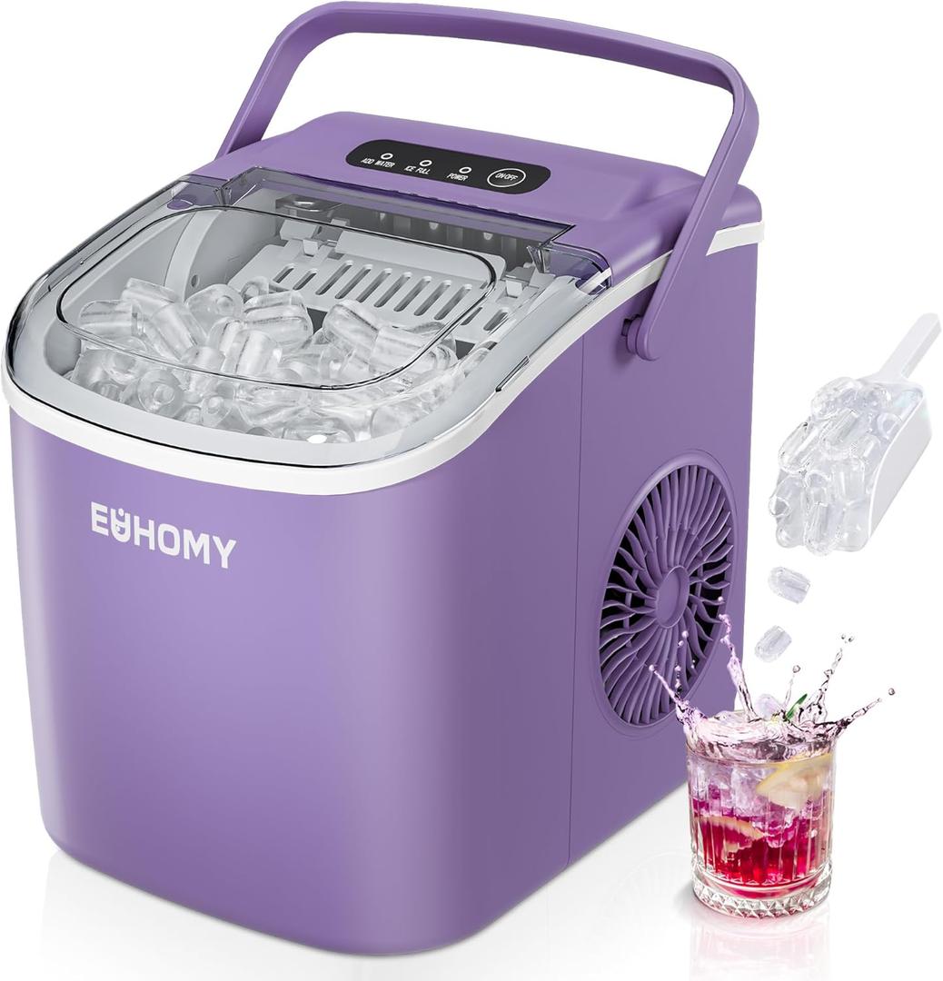 EUHOMY Countertop Ice Maker Machine with Handle, 26lbs Per Day, 9 Ice Cubes Ready in 6 Mins, Auto-Cleaning Portable Ice Maker with Basket and Scoop, for Home/Kitchen/Camping/RV (Purple) (11.57"D x 11.42"W x 8.74"H)