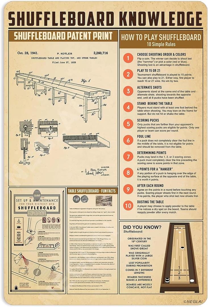 Shuffleboard Knowledge Metal Signs Poster, Vintage Wall Decor Farmhouse Decorations 16x12 Inches