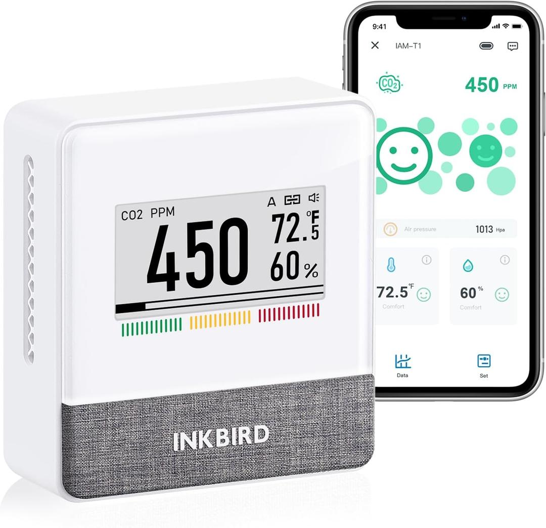 INKBIRD Portable CO2 Detector with Bluetooth, Smart Indoor Air Quality Monitor, can detects CO2, Temperature, Humidity, etc., Electronic Ink Display & 4 Years Battery Life, for Home, Office, motorhome