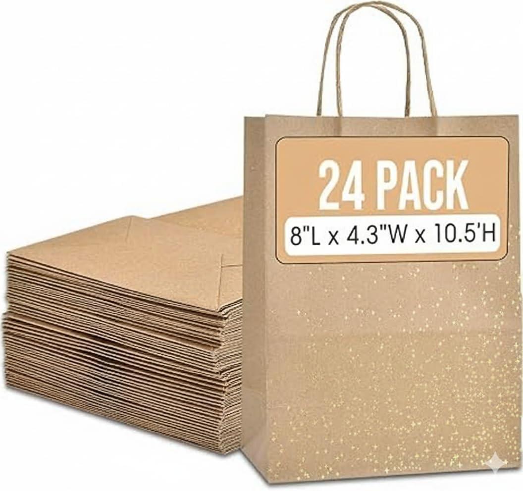 24 Pack Kraft Paper Gift Bags with Handles  8x4.5x10.5" 120 Gsm Brown Paper Bags with Gold Foil Star Design  Reusable Recyclable Bulk Gift Bags for Parties, Weddings, Baby Shower, or Small Business