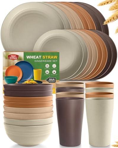 Teivio 32-Piece Kitchen Plastic Wheat Straw Dinnerware Set, Service for 8, Dinner Plates, Dessert Plate, Cereal Bowls, Cups, Unbreakable Colorful Plastic Outdoor Camping Dishes, Desert