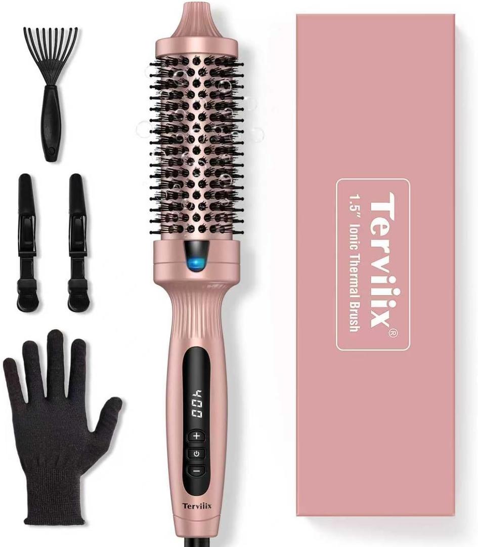 Terviiix Thermal Brush Get Voluminous Style, Quick Heating Hot Brush, Ceramic Tourmaline Ionic Heated Curling Iron, Digital Display 9 Temperatures Curling Wand, Dual Voltage, 1.5 Inch