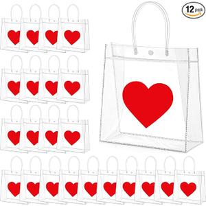 Kolldenn 12 Pcs Mother's Day Heart Gift Bags Bulk – Clear PVC Bags with Handle, Reusable Treat Tote for Mother Women Weddings Birthdays Anniversaries Party Favors (Red, 9.84"x 9.84"x 3.54")