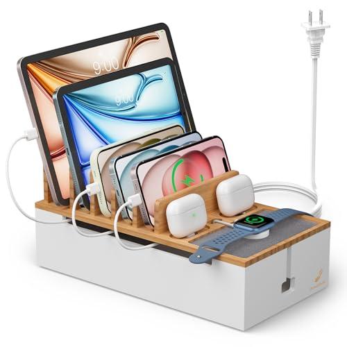 Pezin Hulin Multi Devices Charging Station, with USB Power Adapter HUB, and 6 Wire Cables - Cord Organizer Management, Cell Phone Charger Dock Stand, Desktop Cord Hider Box - Natural +White