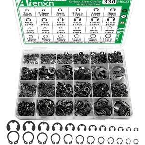 330PCS Snap Rings Assortment Kit, E Clips Assortment Kit (2MM-12MM) and C Clips Assortment Kit (5MM-16MM), 24 Sizes External Retaining Rings Carbon Steel Circlip Snap Ring Kit