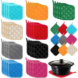 Layhit 36 Pcs Pot Holders for Kitchens Cotton Heat Resistant Potholders Oven Pot Holders Washable Hot Pads Bulk Potholders with Hanging Loops Cloth Coaster Mitts for Cooking Baking 7 x 7 Inch 9 Colors