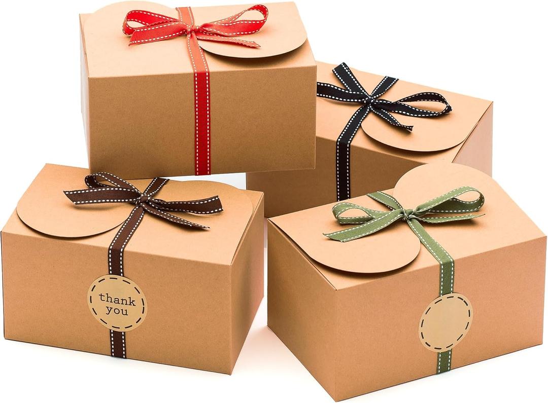 Large Brown Kraft Cookie Boxes with Ribbons & Sticker (20 Pack) 9 x 5.5 Decorative Craft Gift Boxes for Baked Goods, Candy, Bread Loaf, Small Treats, Christmas, Food Packaging, Empty, Bulk, Foldable