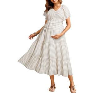 Maternity Dress for Baby Shower - 2025 Photoshoot Pregnancy Summer Midi Casual Flutter Sleeve Dress (Large, Khaki Plaid)