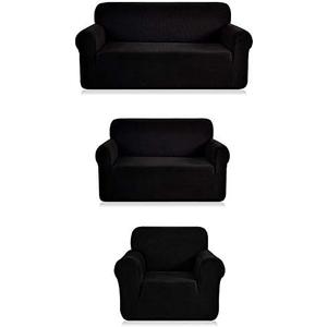 Fancy Linen 3pc Slipcover Set Furniture Cover -Spandex- Set Includes Sofa and Love-Seat and Chair Solid Black New