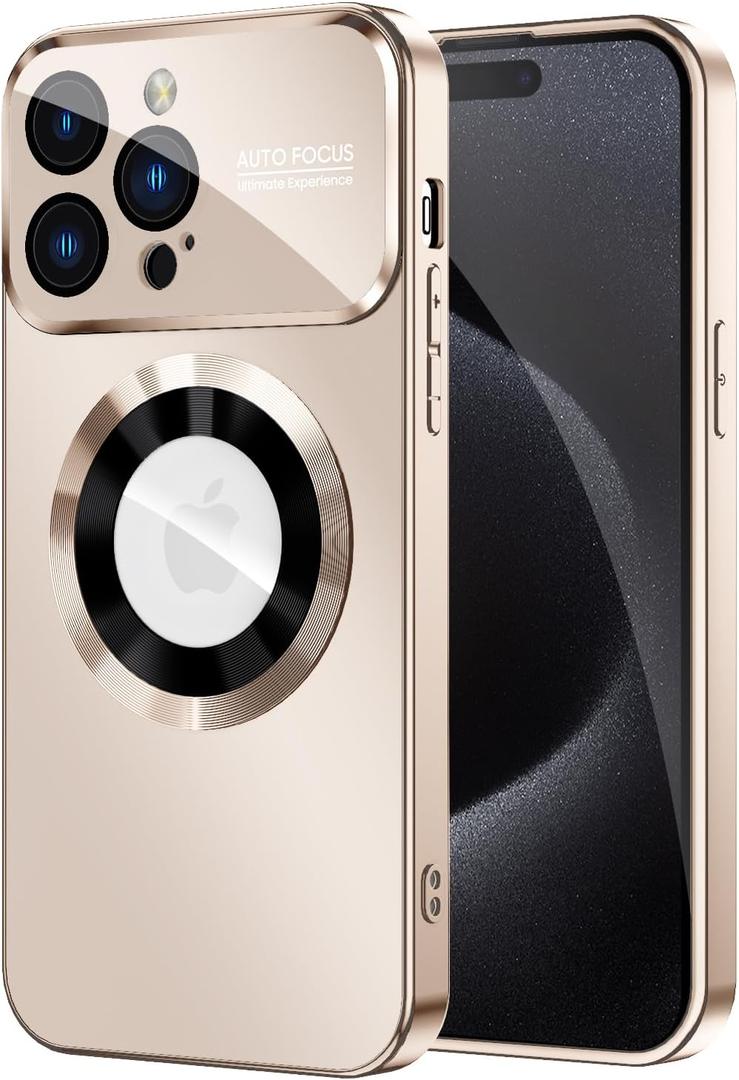MAKAVO Magnetic for iPhone 15 Pro Max Case, Compatible with MagSafe, Built-in Camera Lens Protector, Logo View, Military Grade Drop Proof Phone Cover, Desert Titanium