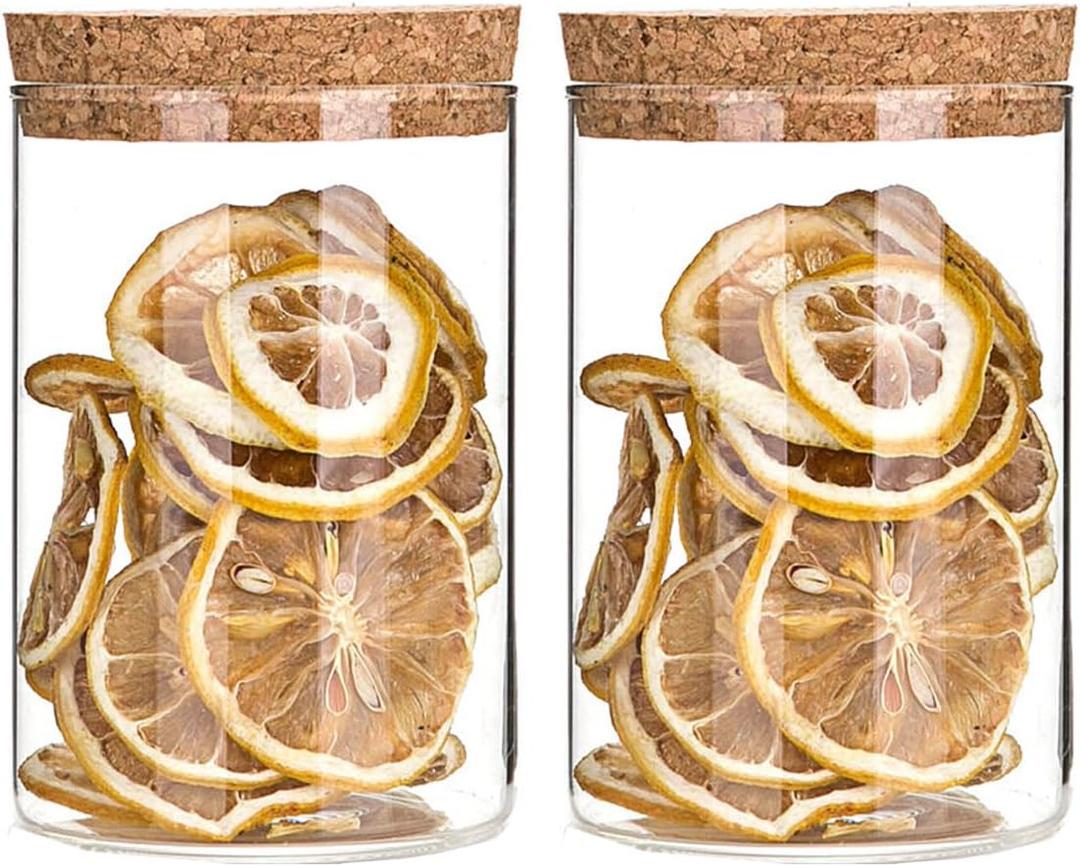 Airtight Glass Storage Containers with cork Lid, for Kitchen Pantry Organization and Storage jarIdeal for Coffee Beans Snacks Flour Cereal Sugar Tea 21oz. (Circular 4.7 * 3.3in*2pcs)