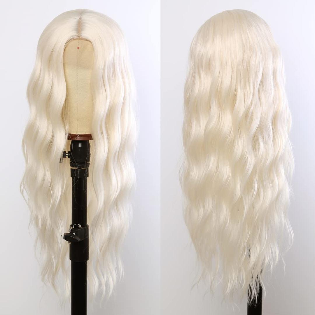GIANNAY White Blonde Wig, Platinum Blonde Wig Curly Wig Long White Loose Wave Wigs for White Women Blonde Synthetic Heat Resistant Lace Front Wig for Black Women Light Color Lace Wig Cosplay Fairy Wig