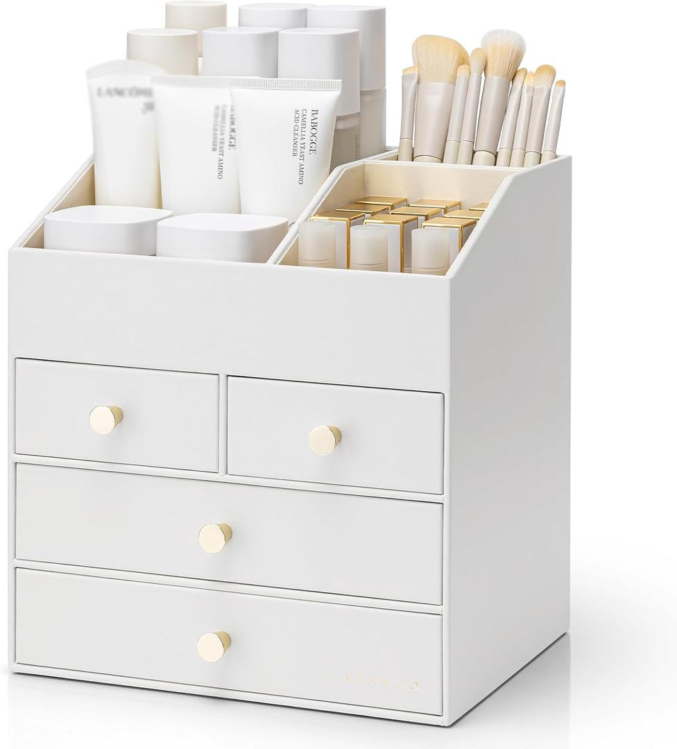 VLANDO Makeup Organizer Countertop,Large Vanity Organizer PU Leather Make up Storage with 4 Drawers Skin care Organizer Cosmetic Display Case for Lipstick,Brushes,Bedroom-White