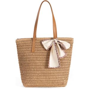 Large Straw Beach Bag: Women's Handwoven Tote with Zipper Pocket - Lightweight Summer Purse for Travel & Work (Brown)