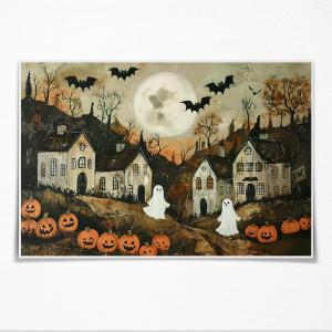 Halloween Town Folk Art Print Ghost Wall Art Poster Pumpkin Vintage Art Dark Academia Halloween Pictures Wall Decor for Living Room Bedroom12x18inch Unframed (style-7)