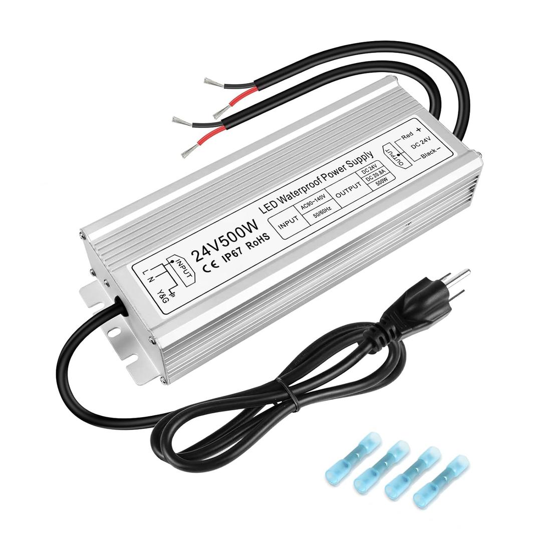 24V 500W LED Power Supply, IP67 Waterproof LED Driver, Low Voltage Transformer, AC 90-140V to DC 24V 20.8A Converter with 3-Prong Plug 3.3 Ft Cable for Outdoor LED Light, Landscape Light, Industrial