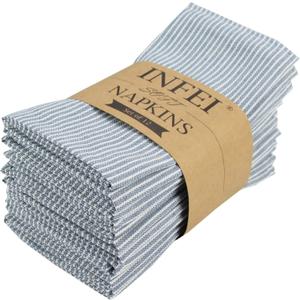 Narrow Striped Cotton Linen Blended Dinner Cloth Napkins - Set of 12 (40 x 40 cm) - for Events & Home Use (Blue)