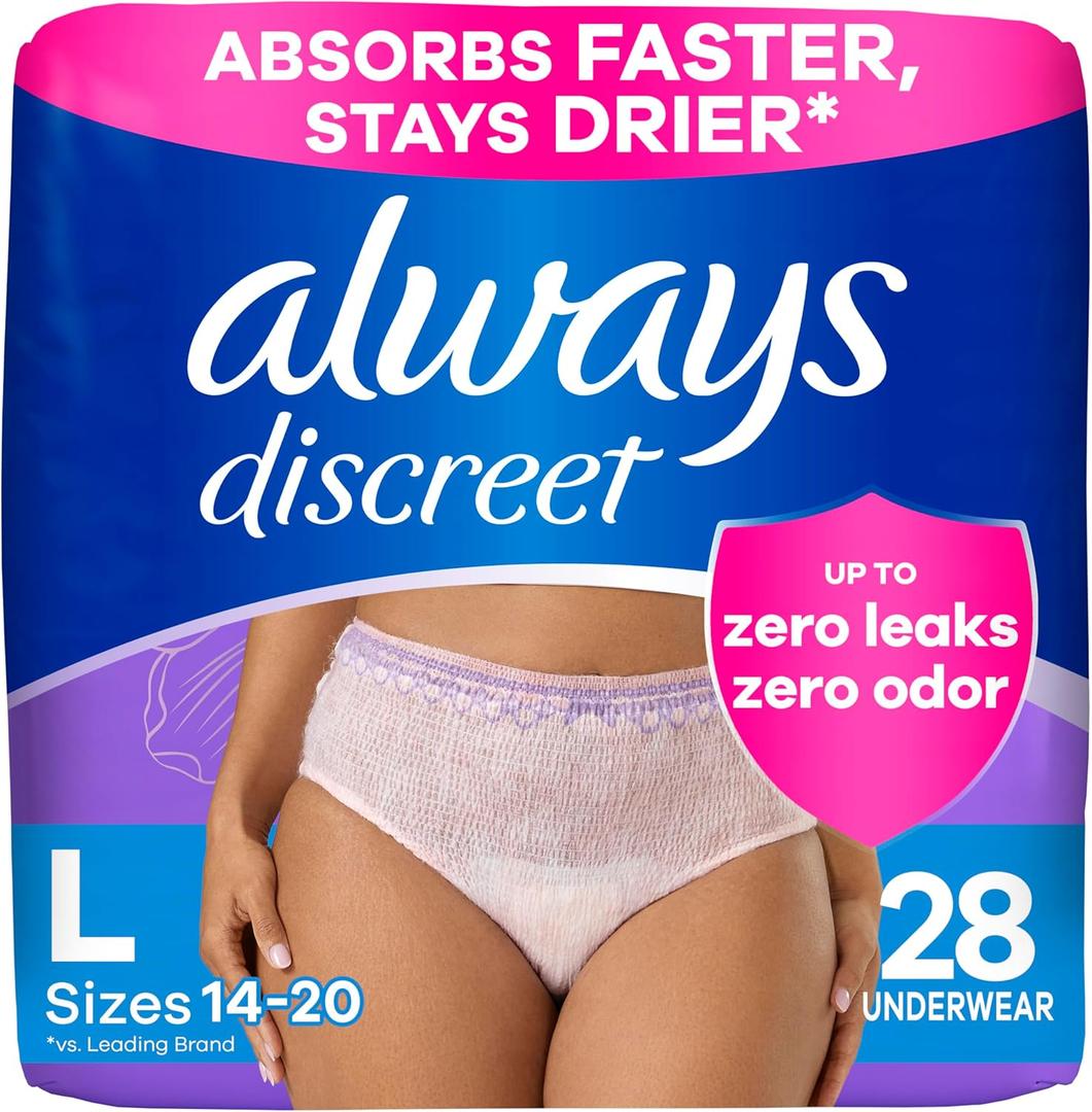 Always Discreet Adult Incontinence Underwear for Women and Postpartum Underwear, L, Up to 100% Bladder Leak Protection, 28 Count (Packaging May Vary)